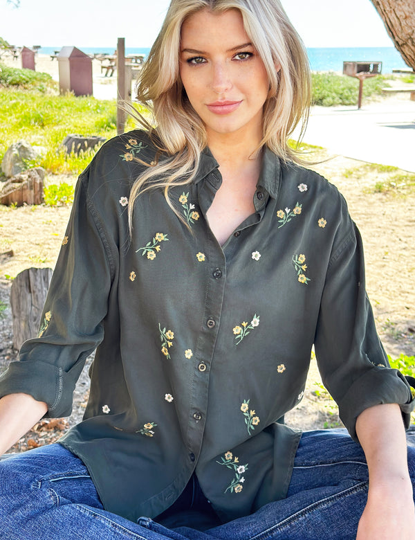 Women's Army Green Floral Embroidered Oversized Shirt