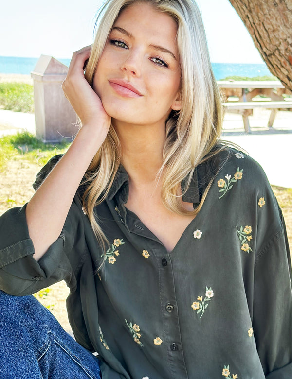 Women's Army Green Floral Embroidered Oversized Shirt