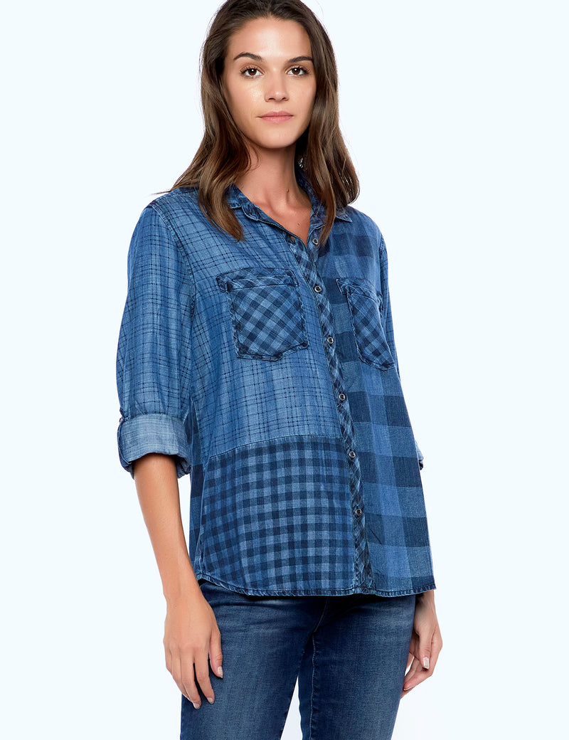 Mixed Blue Plaid Button Front Shirt Side View