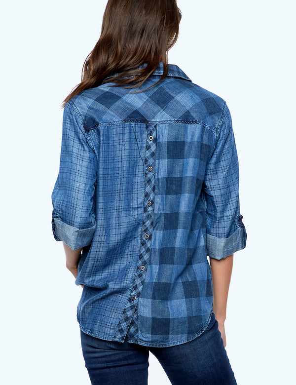 Mixed Blue Plaid Button Front Shirt Back View