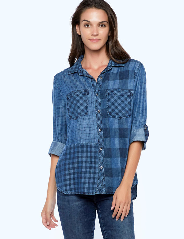 Mixed Blue Plaid Button Front Shirt Front View
