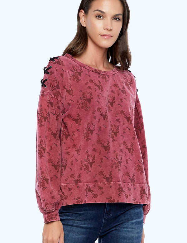 My Deer Allover Printed Sweatshirt with Lace Detail at Shoulder Front View