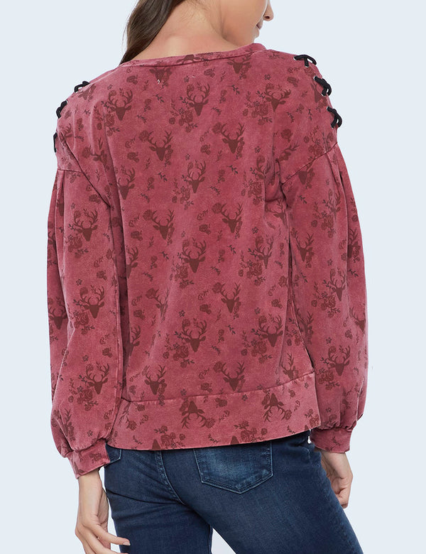 My Deer Allover Printed Sweatshirt with Lace Detail at Shoulder Back View