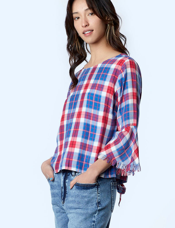 Cherry Plaid Shirt with Tie Back Detail Side View