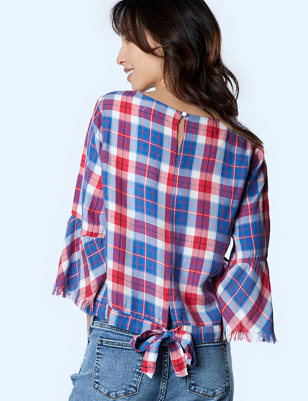 Cherry Plaid Shirt with Tie Back Detail Back View