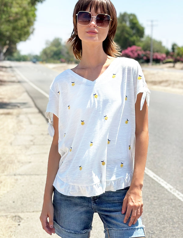 Lemon Drop Embroidery Tee with Ruffle Hem and Tie Sleeves Front View