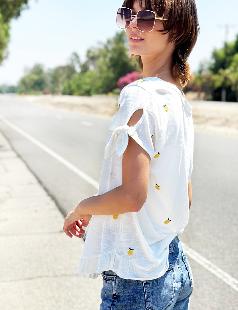 Lemon Drop Embroidery Tee with Ruffle Hem and Tie Sleeves Side View