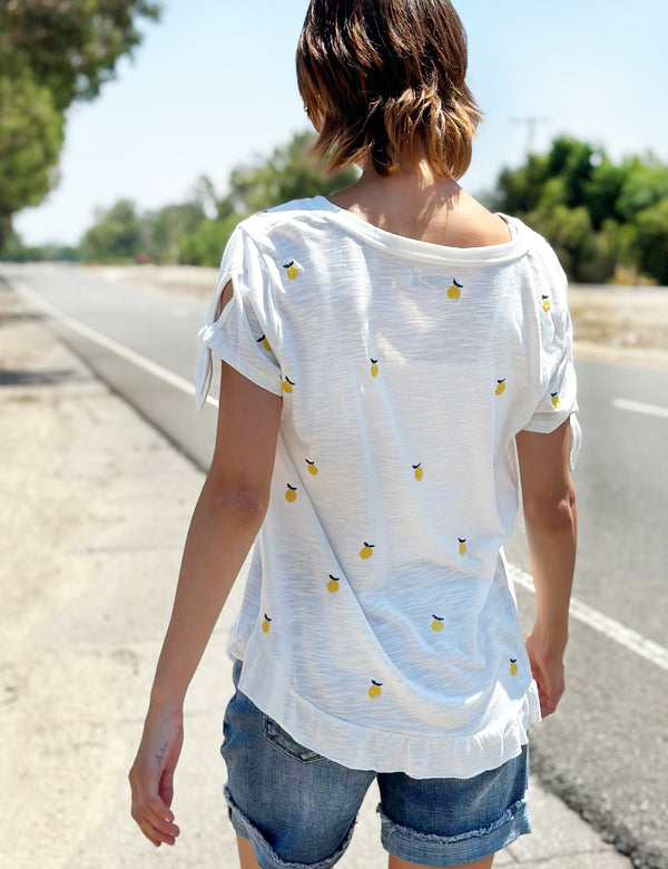 Lemon Drop Embroidery Tee with Ruffle Hem and Tie Sleeves Back View