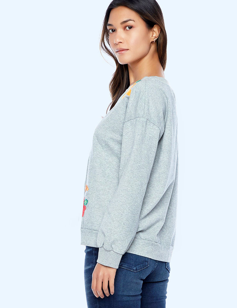 Heather Grey Floral Embroidery Sweatshirt Side View