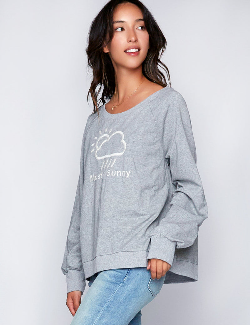 Women's Mostly Sunny Embroidered French Terry Sweatshirt in Heather Grey Side View