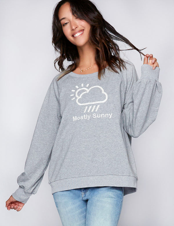 Women's Mostly Sunny Embroidered French Terry Sweatshirt in Heather Grey Front View