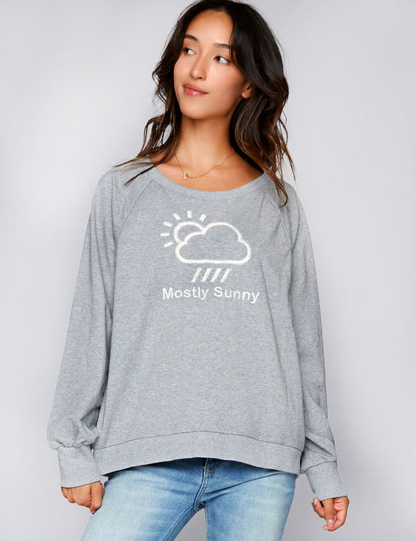 Women's Mostly Sunny Embroidered French Terry Sweatshirt in Heather Grey Front View
