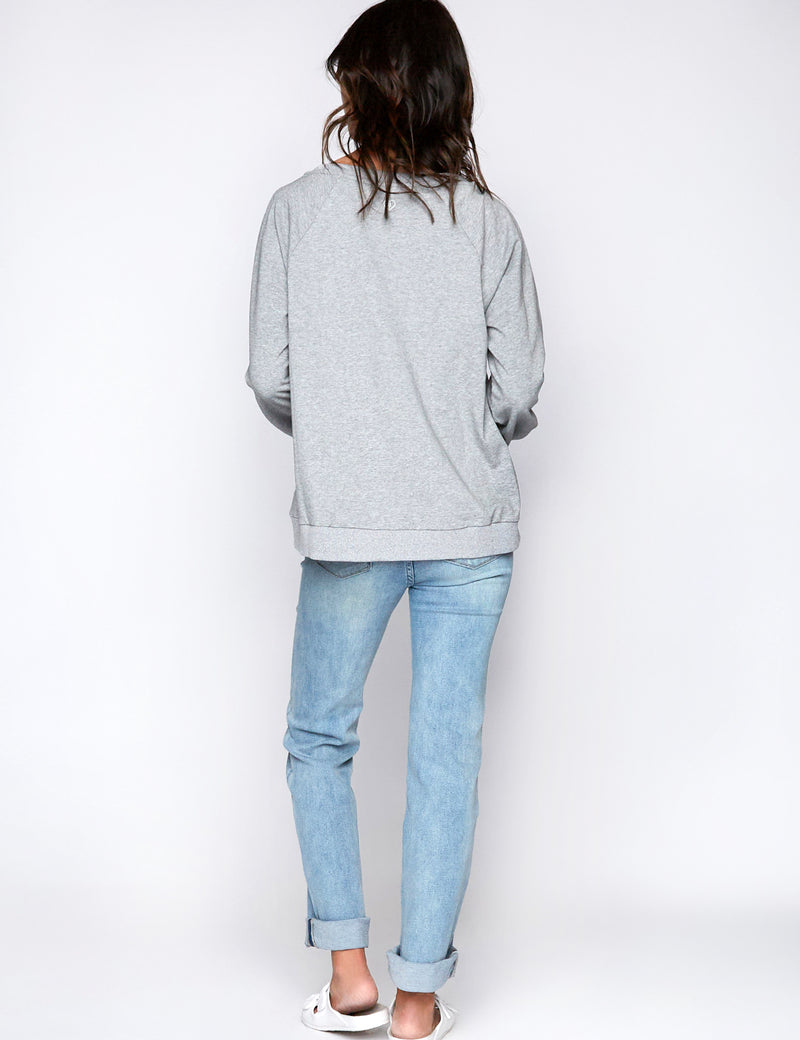 Women's Mostly Sunny Embroidered French Terry Sweatshirt in Heather Grey Back View