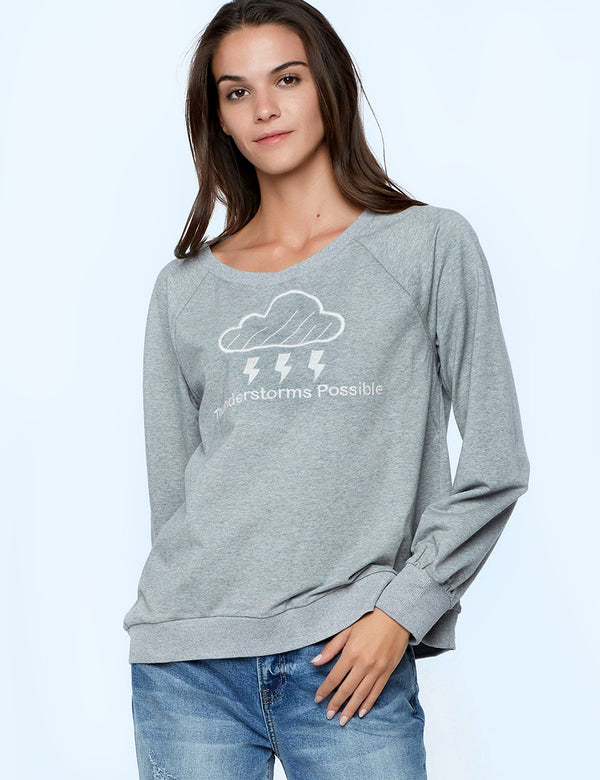 Thunderstorms Possible Embroidery Sweatshirt in Heather Grey Front View