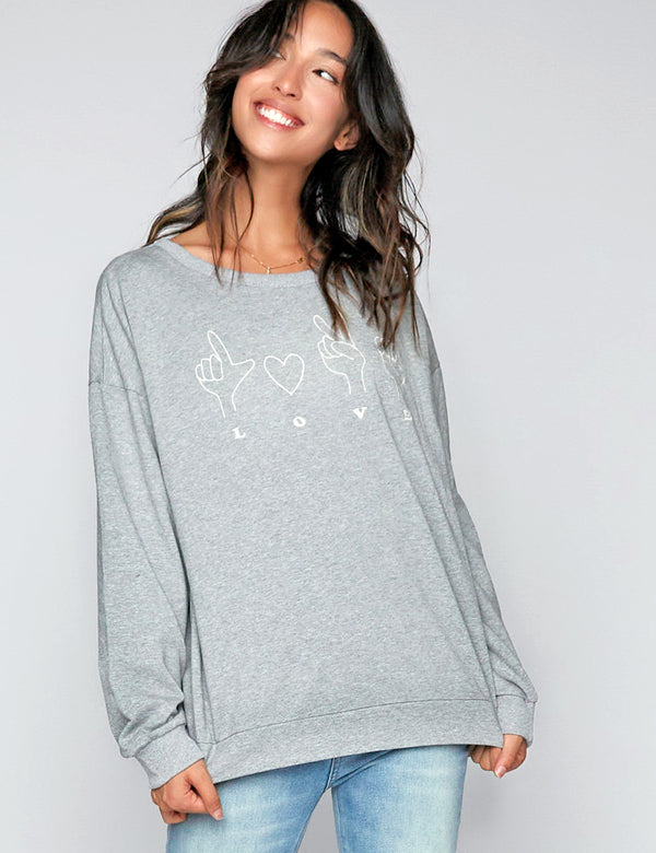 Talk To The Hand LOVE Sweatshirt in Heather Grey Front View