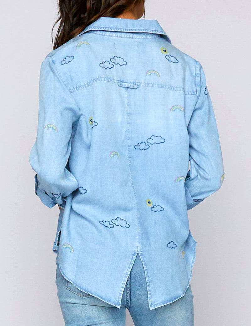 Women's Sunny & Bright Embroidered Button Down Shirt in Denim Back View