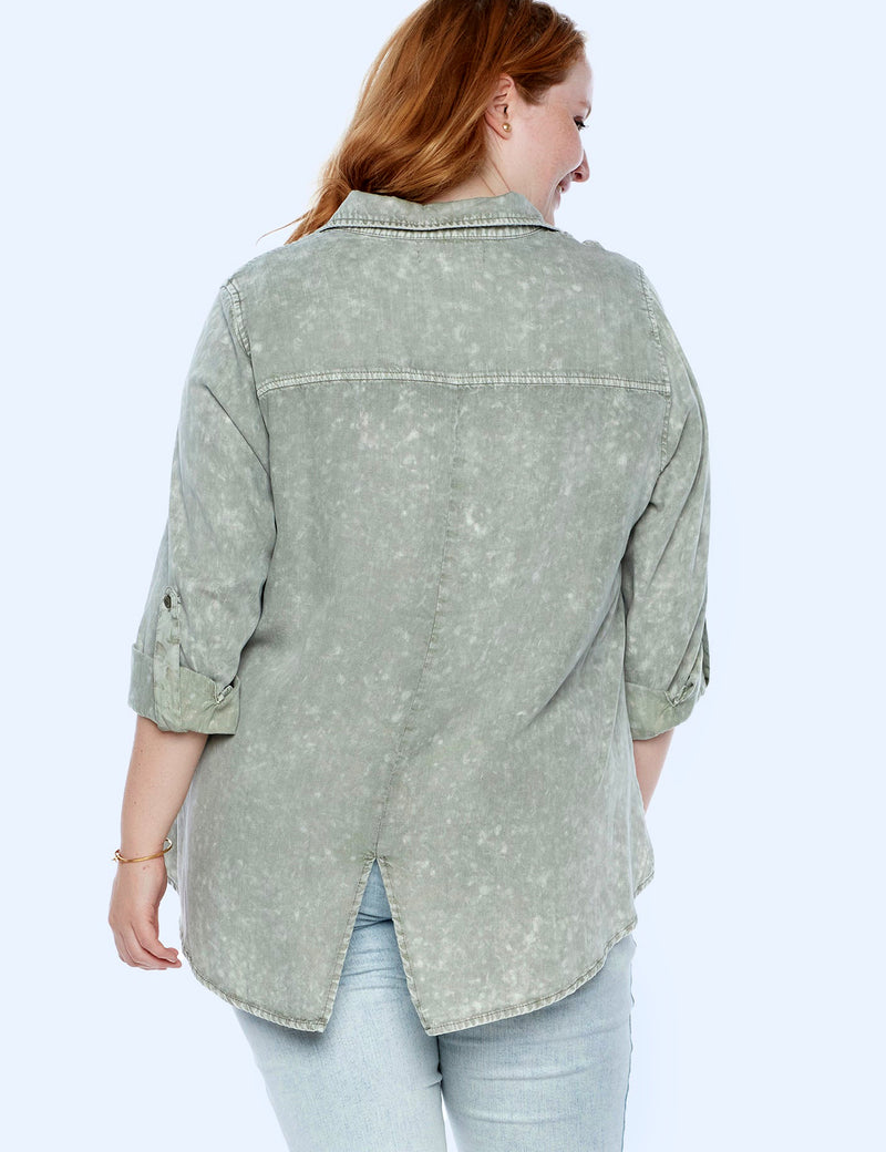 Army Green Utility Pocket Button Front Shirt Back View