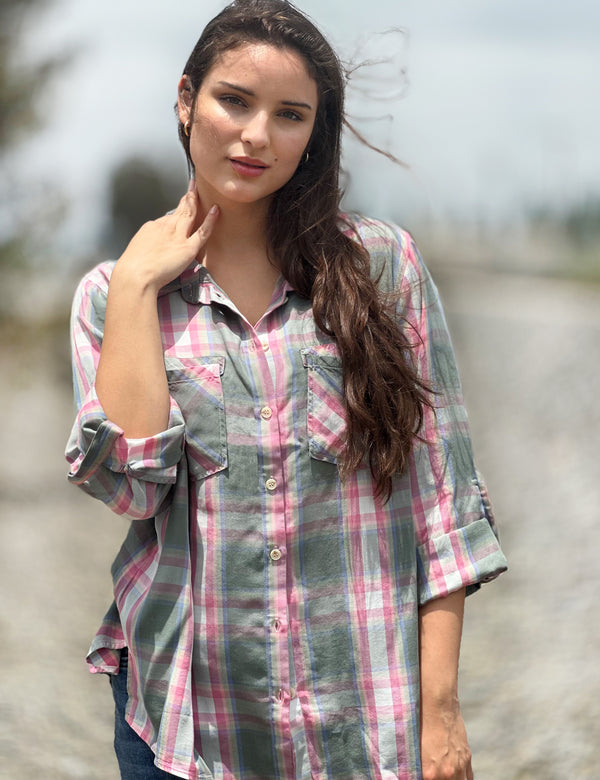 Fall Solstice Plaid Utility Pocket Button Down Shirt Front View