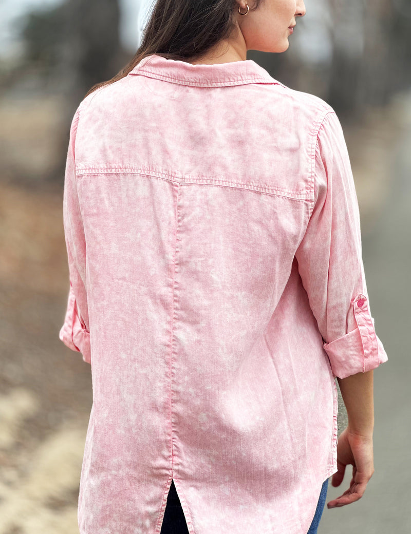 Plus Size Utility Pocket Button Front Shirt in Preppy Pink Back View