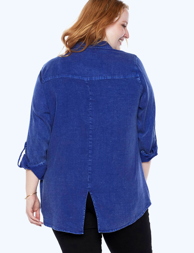 Plus Size Split Black Shirt in Night Blue Back View