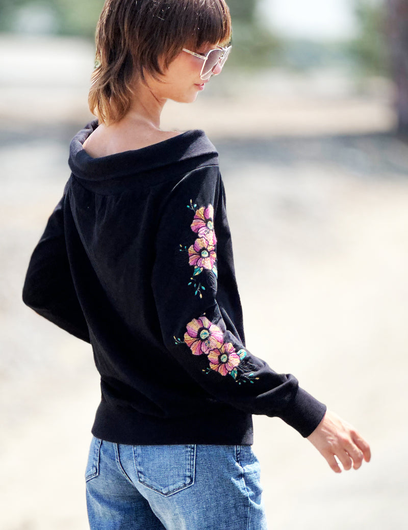 Embroidered Sleeve Off Shoulder Sweatshirt in Black Side View