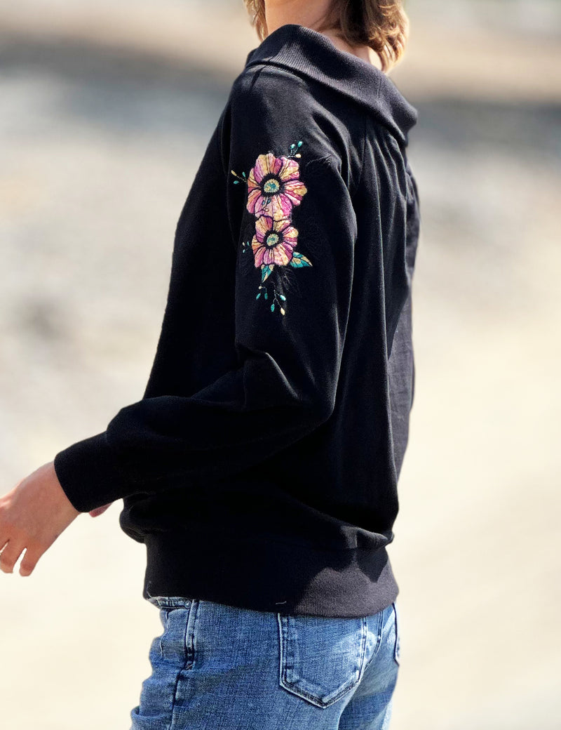 Embroidered Sleeve Off Shoulder Sweatshirt in Black Side View Close Up