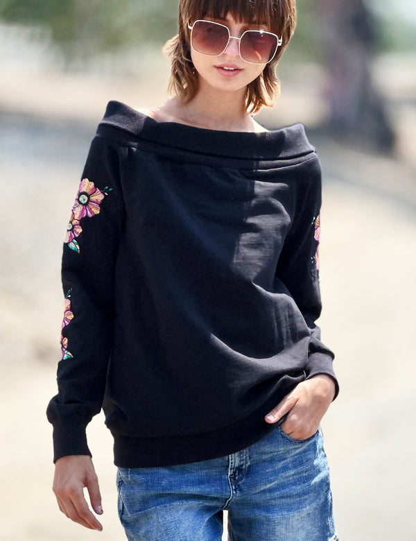 Embroidered Sleeve Off Shoulder Sweatshirt in Black Front View