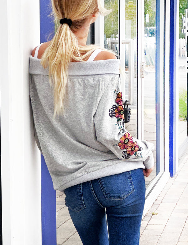 Heather Grey Off Shoulder Top with Floral Embroidery on Sleeves Back View