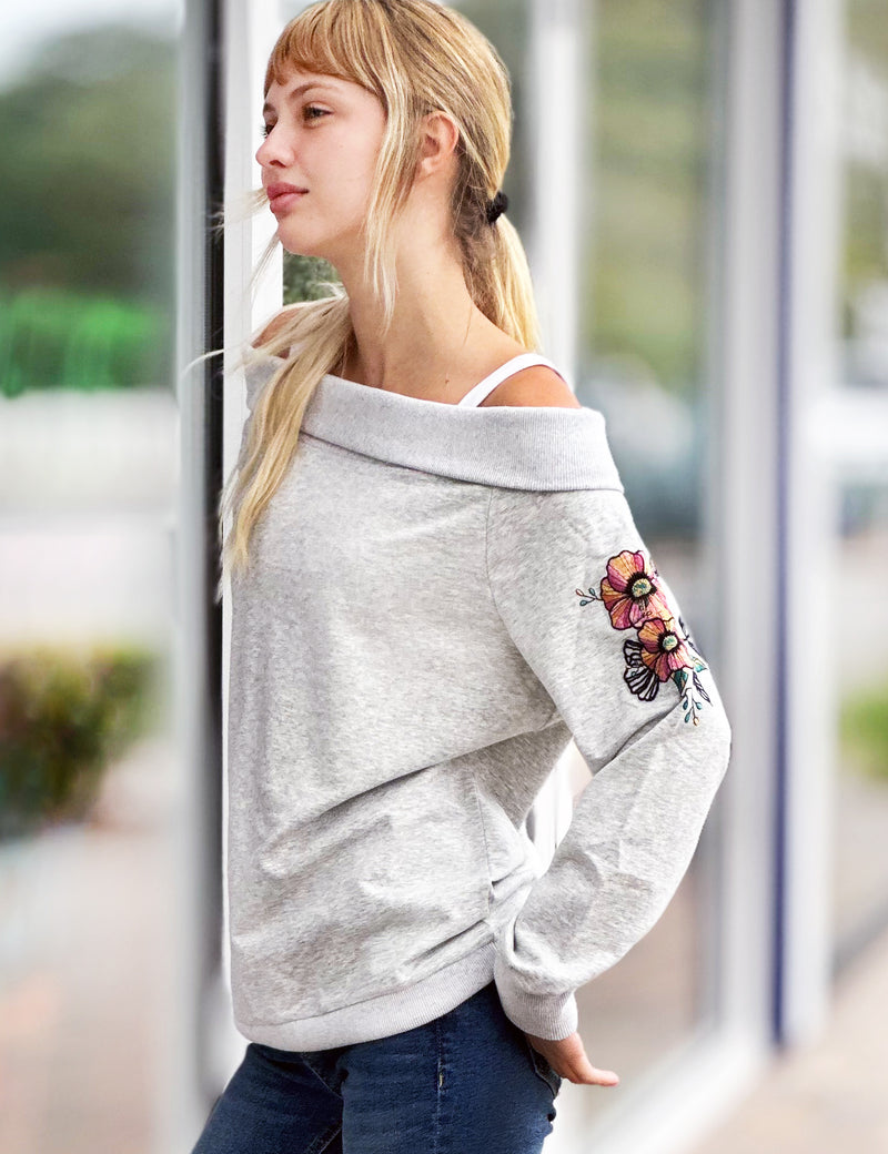 Heather Grey Off Shoulder Top with Floral Embroidery on Sleeves Side View