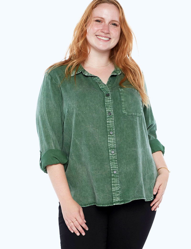 Plus Size Classic Button Front Shirt in Rosemary Green Front View