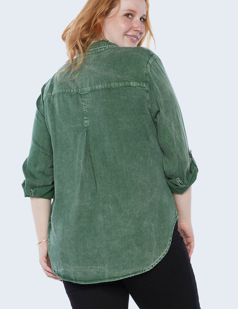 Plus Size Classic Button Front Shirt in Rosemary Green Back View