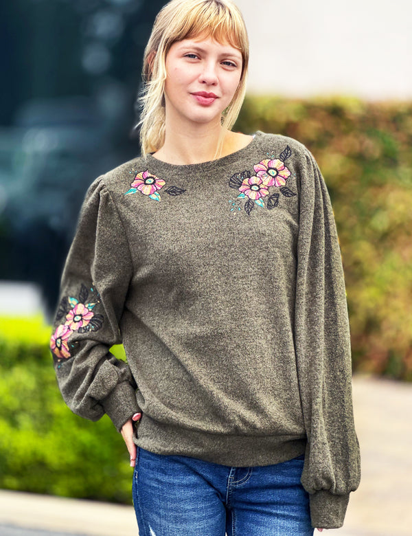Fall Blossom Sweatshirt with Floral Embroidery Front View