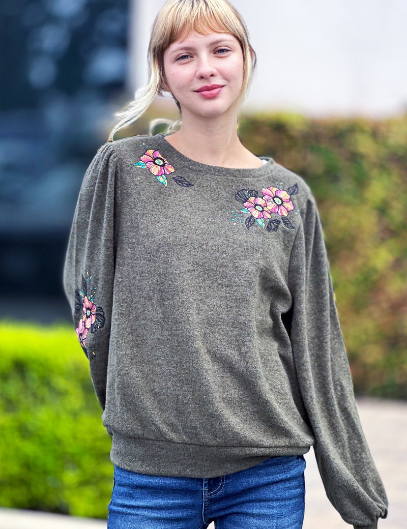 Fall Blossom Sweatshirt with Floral Embroidery Front View