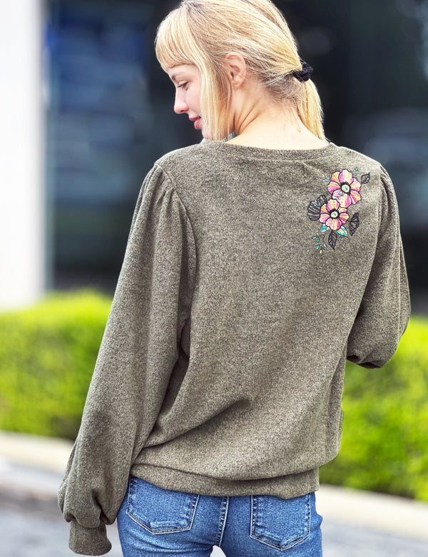 Fall Blossom Sweatshirt with Floral Embroidery Back View