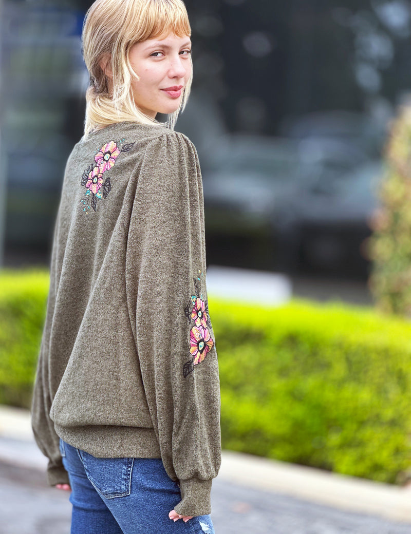 Fall Blossom Sweatshirt with Floral Embroidery Side View