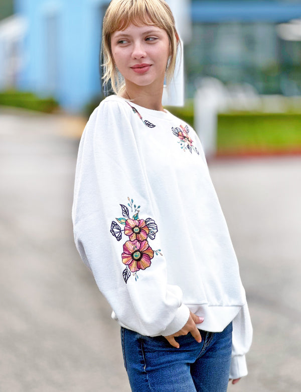 Fall Blossom Embroidered Sweatshirt in Popcorn Color Front View