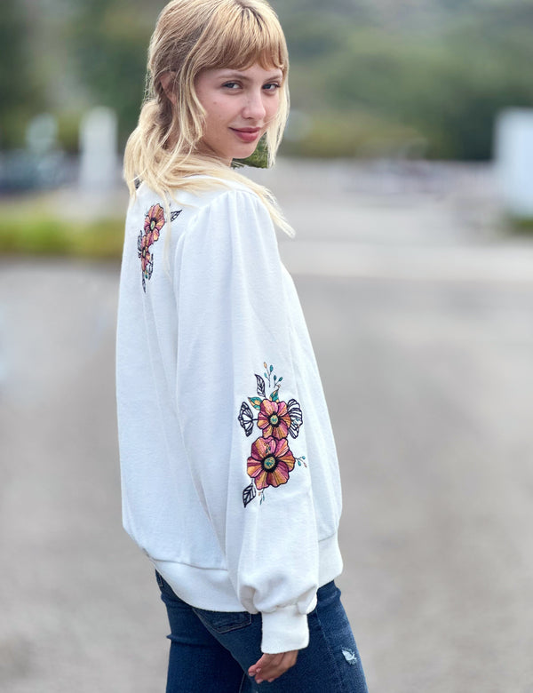 Fall Blossom Embroidered Sweatshirt in Popcorn Color Side View