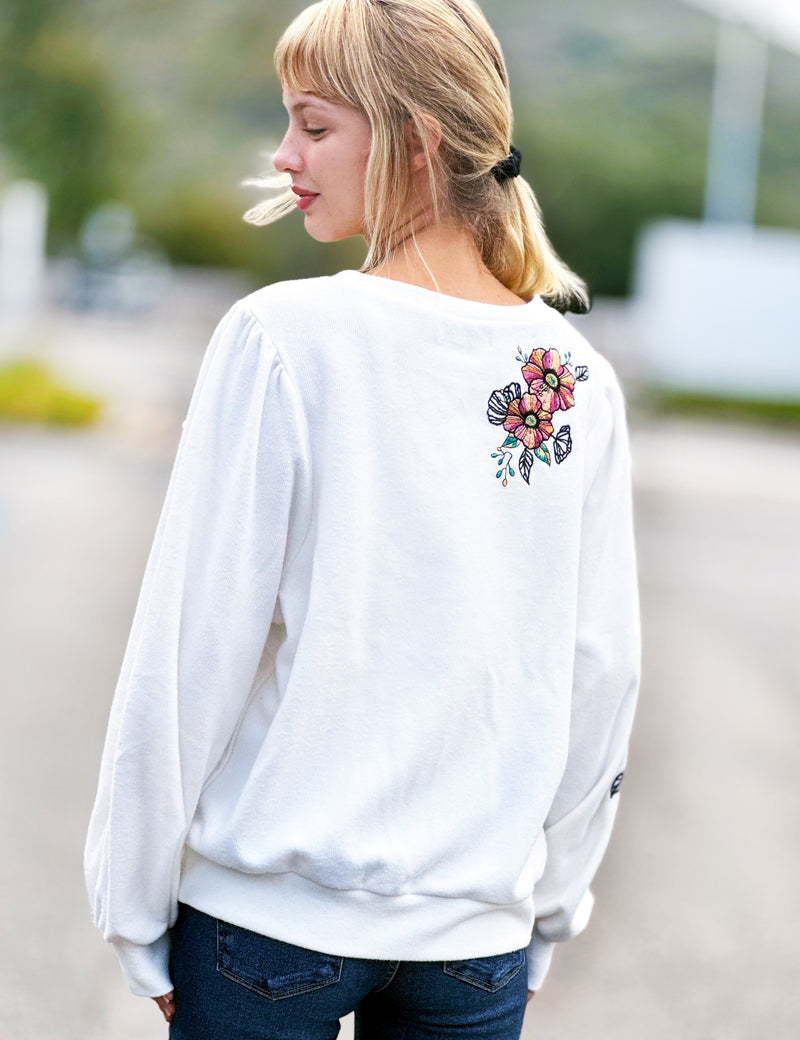 Fall Blossom Embroidered Sweatshirt in Popcorn Color Back View