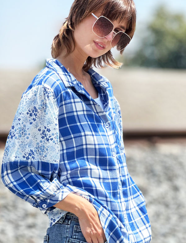 Mixed Print Button Up Shirt in Blue Side View