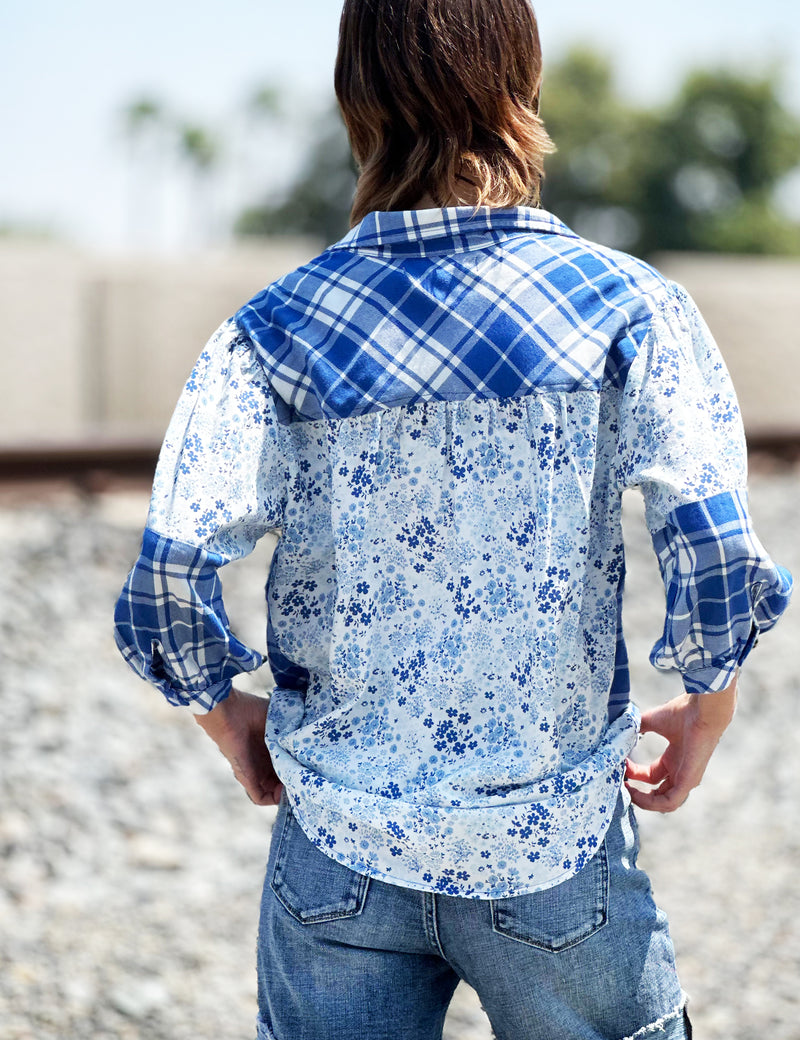 Mixed Print Button Up Shirt in Blue Back View