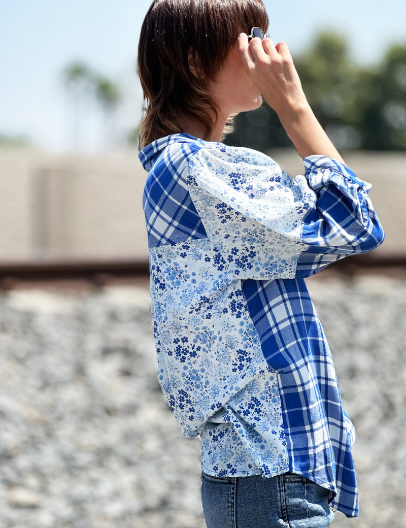 Mixed Print Button Up Shirt in Blue Side View