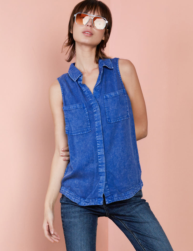 Honey Sleeveless Button Up Shirt in Navy Front View