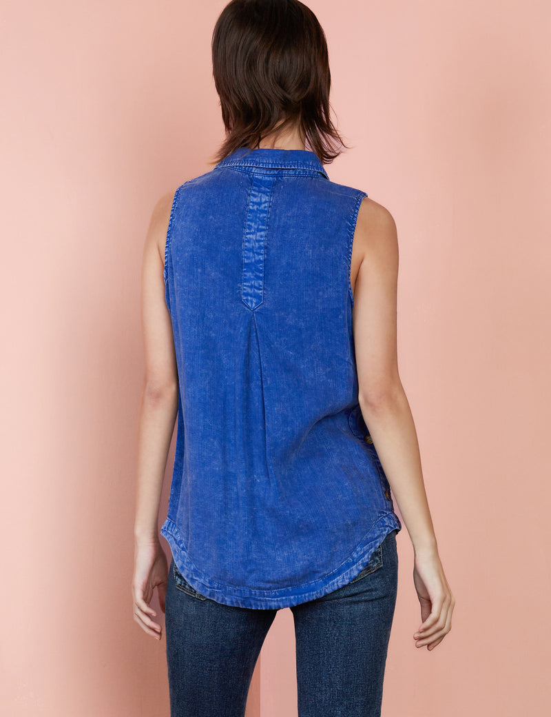 Honey Sleeveless Button Up Shirt in Navy Back View
