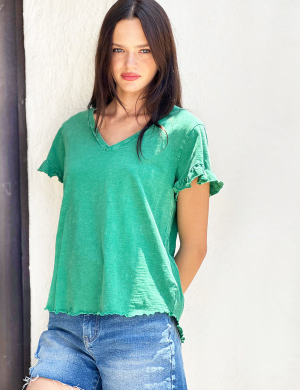 Ruffle Sleeve V-Neck Tee in OG Green Front View