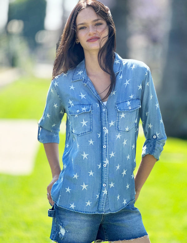 Allover Star Print on Denim Button Up Shirt Front View