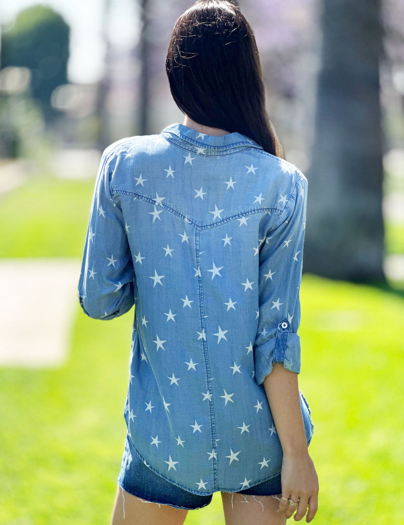 Allover Star Print on Denim Button Up Shirt Back View