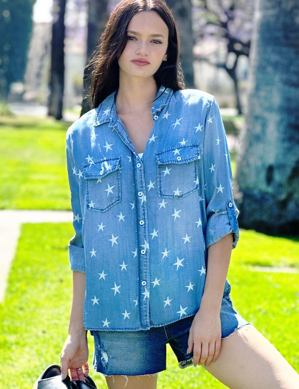 Allover Star Print on Denim Button Up Shirt Front View