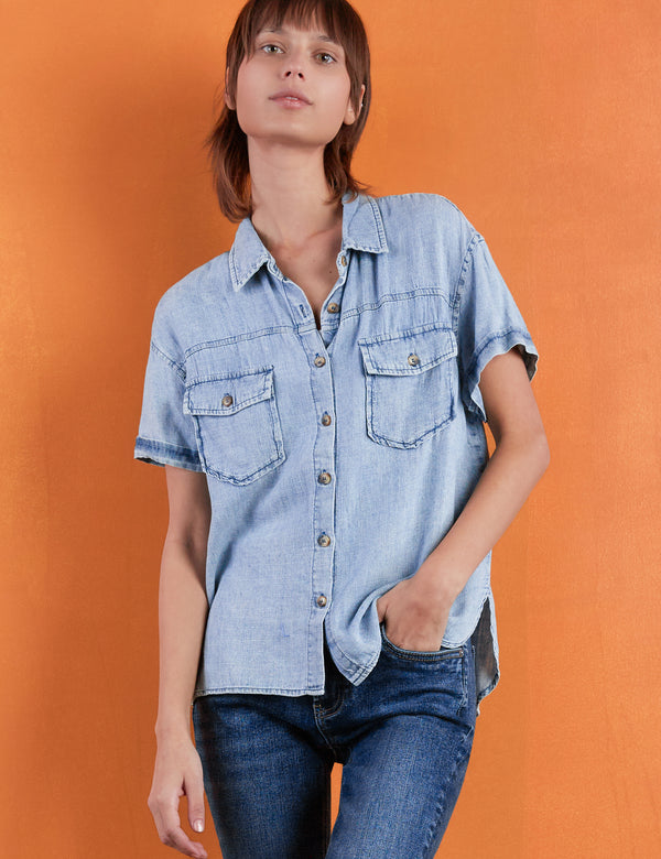 By The Sea Button Up Short Sleeve Shirt in Denim Front View
