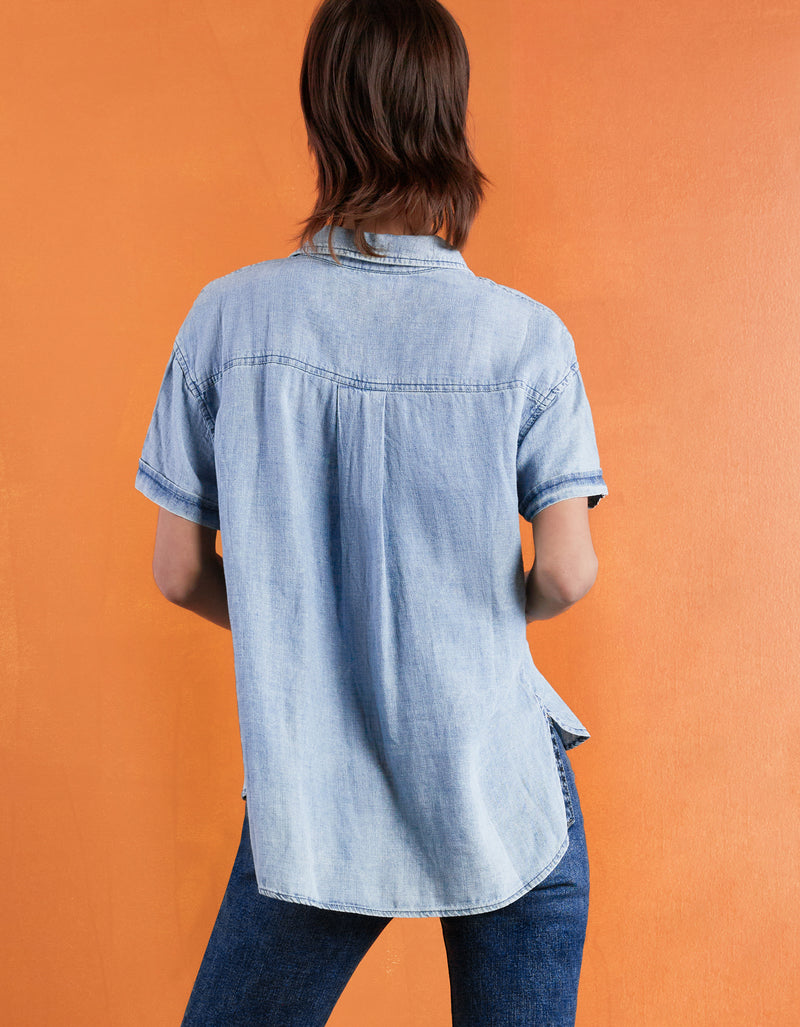 By The Sea Button Up Short Sleeve Shirt in Denim Back View