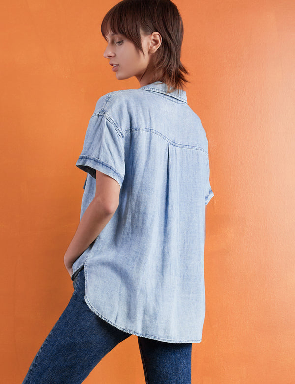 By The Sea Button Up Short Sleeve Shirt in Denim Side View